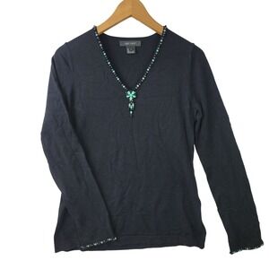 Karen Kane Black Silk Cotton Long Sleeve Beaded V-Neck Knit Top Size Large